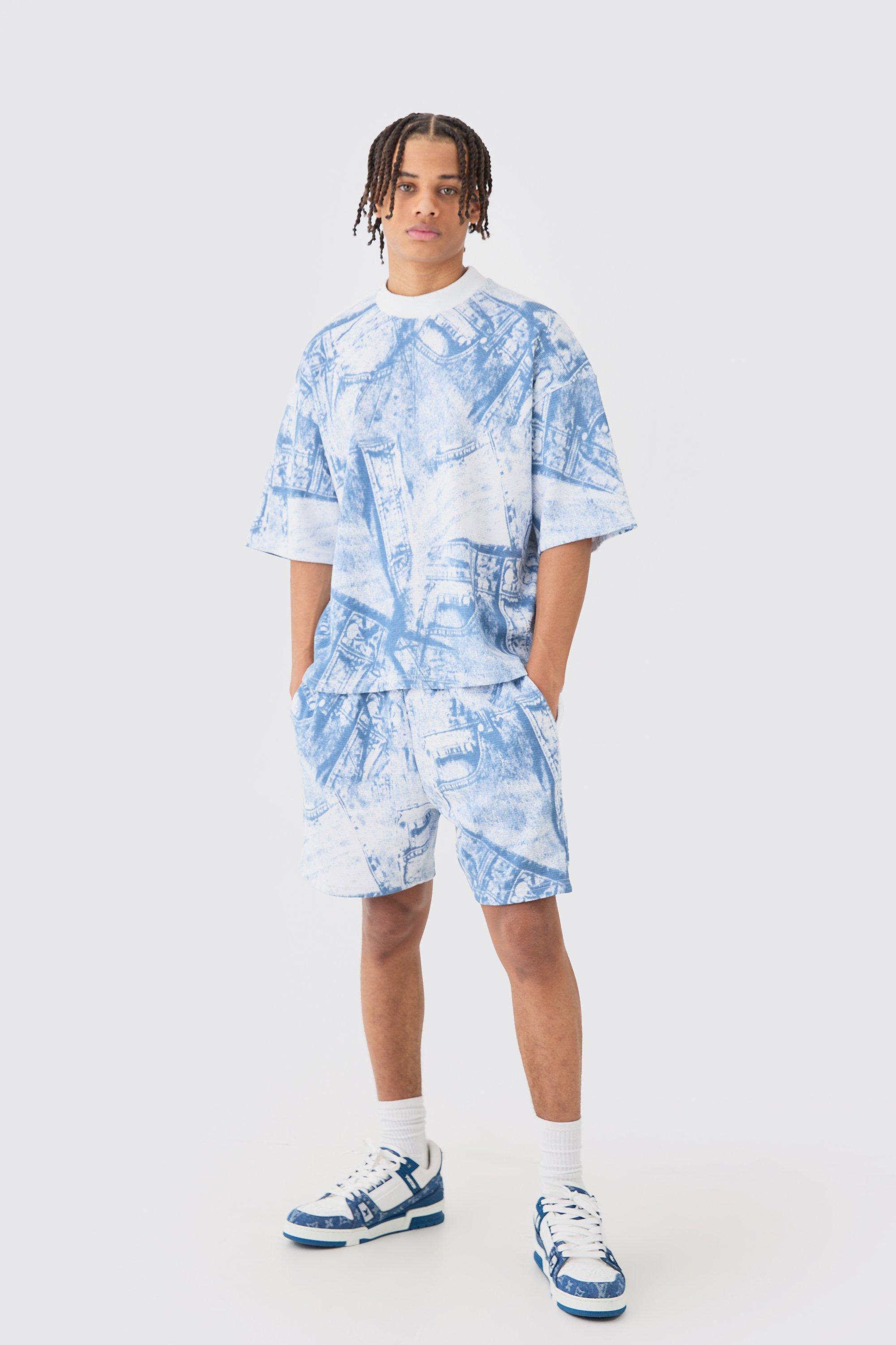 Oversized Boxy Denim Printed Waffle T-shirt & Shorts Set | boohooMAN USA Product Image