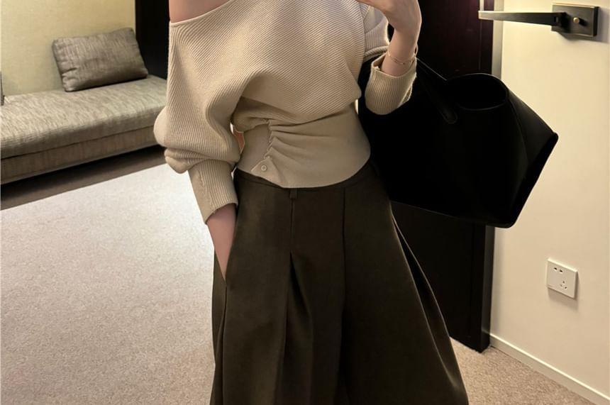 One-Shoulder Plain Ribbed Sweater Product Image