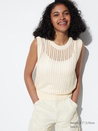 Womens Mesh Crew Neck Sleeveless Short Sweater Off White XS UNIQLO US Product Image