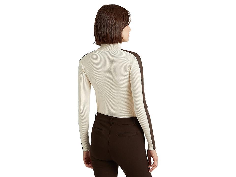 LAUREN Ralph Lauren Faux-Leather-Trim Turtleneck Sweater (Mascarpone Cream/Chocolate) Women's Clothing Product Image