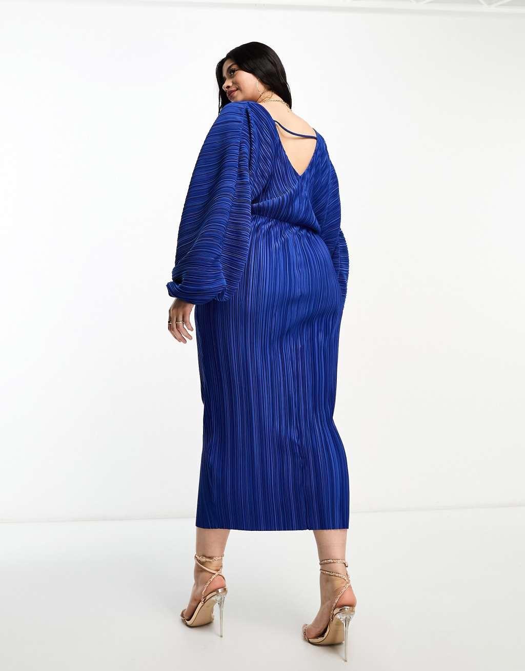 ASOS DESIGN Curve deep plunge blouson sleeve plisse midi dress Product Image