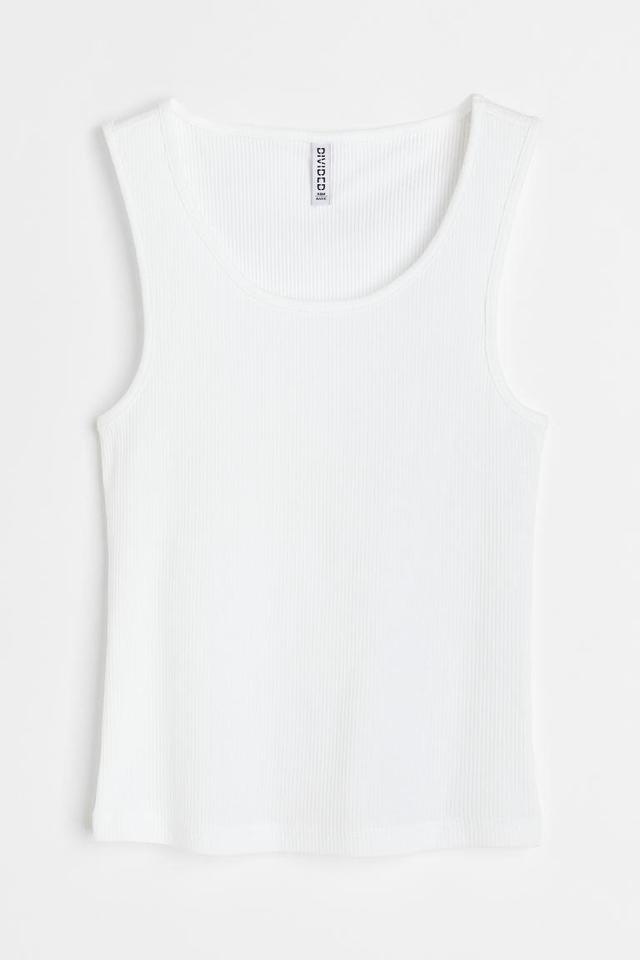 H & M - Ribbed Cotton Tank Top - White Product Image