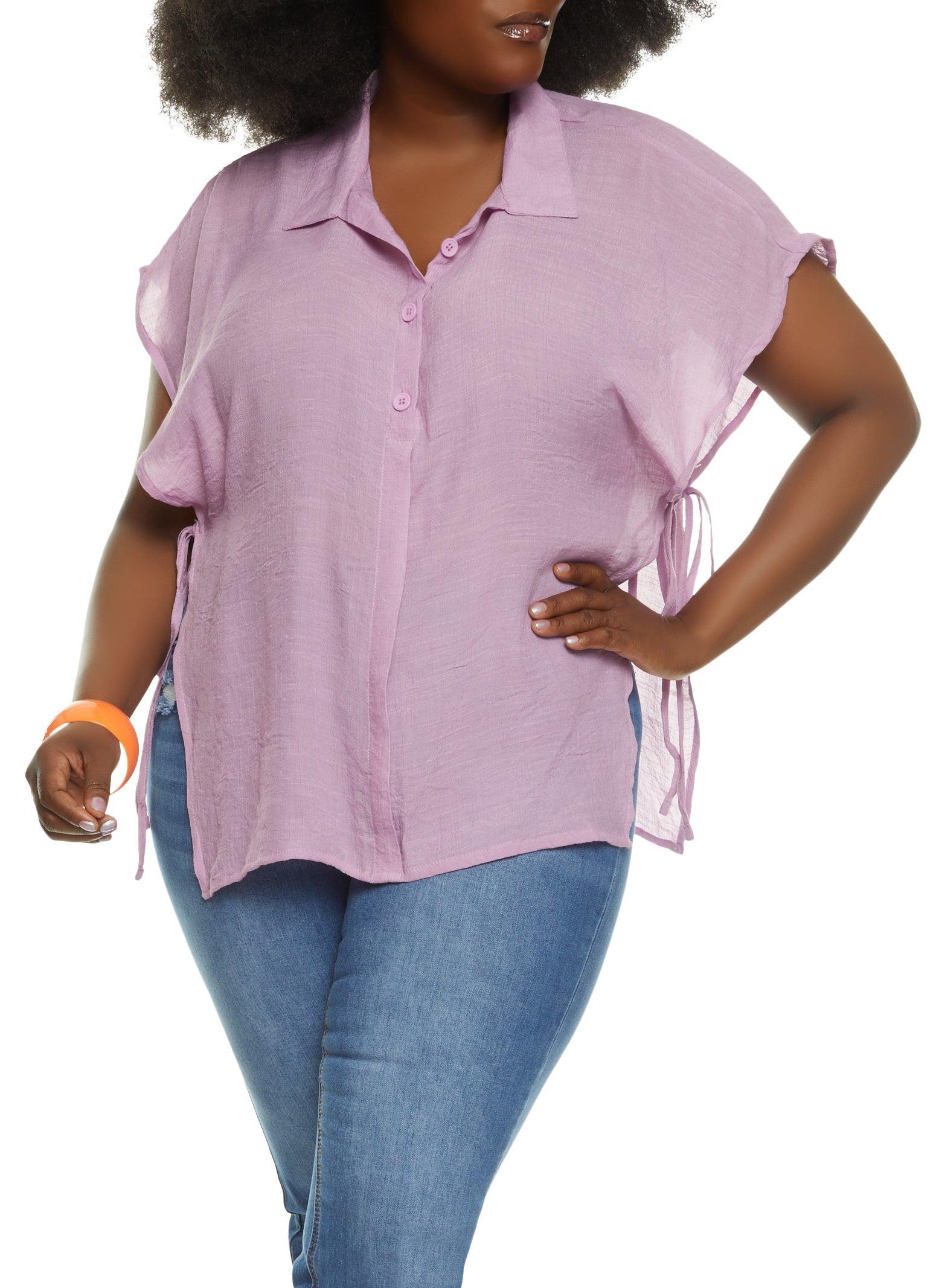 Womens Plus Size Solid Open Side Tie Button Front Top Product Image