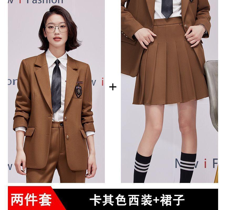 Patched Button-Up Blazer / Suit Pants / Shirt / Pencil Skirt / Set Product Image