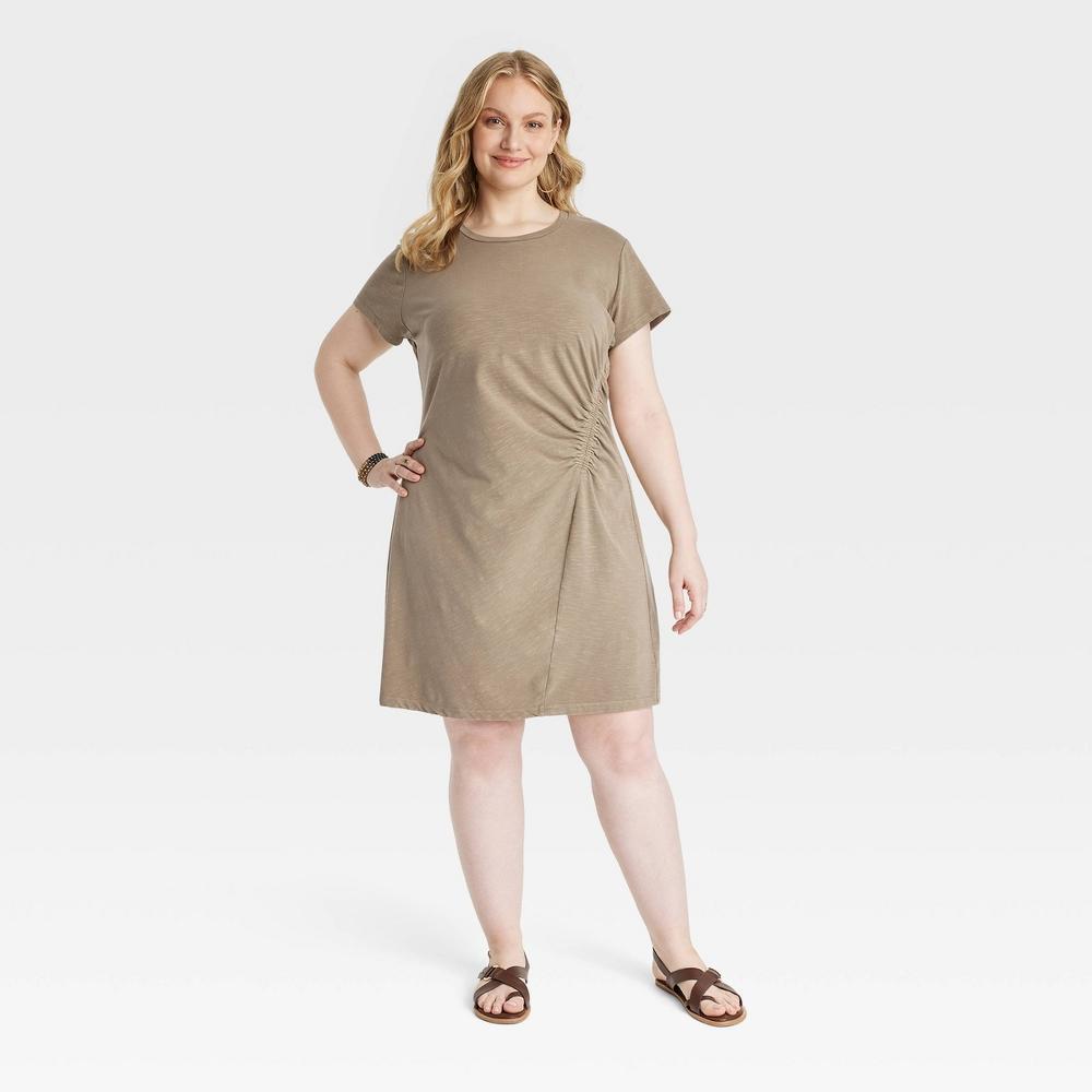 Womens Short Sleeve Ruched Knit Mini T-Shirt Dress - Universal Thread Brown XXL Product Image