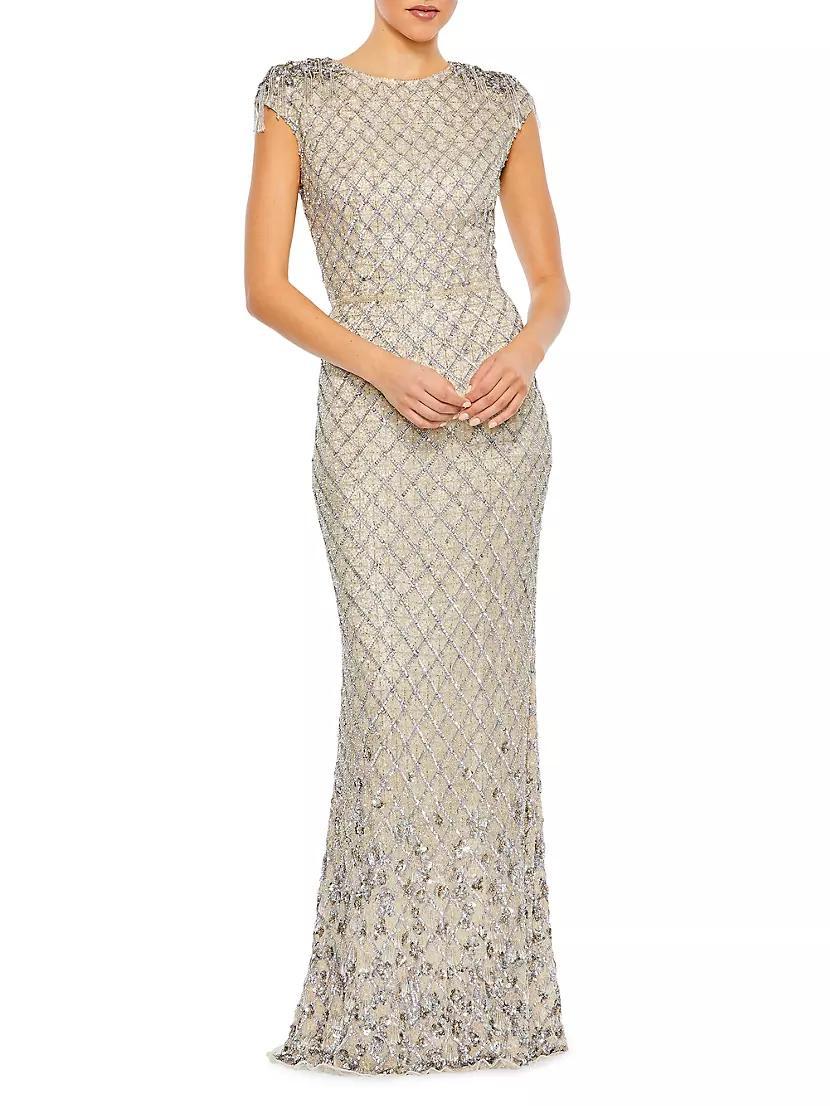 Crystal-Embellished Cap-Sleeve Column Gown Product Image