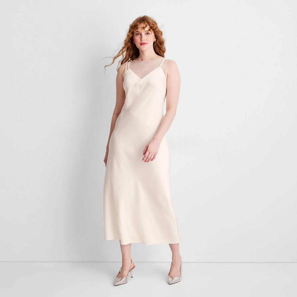 Womens Sleeveless Mixed Media Ankle Slip Dress - Future Collective Cream M product image