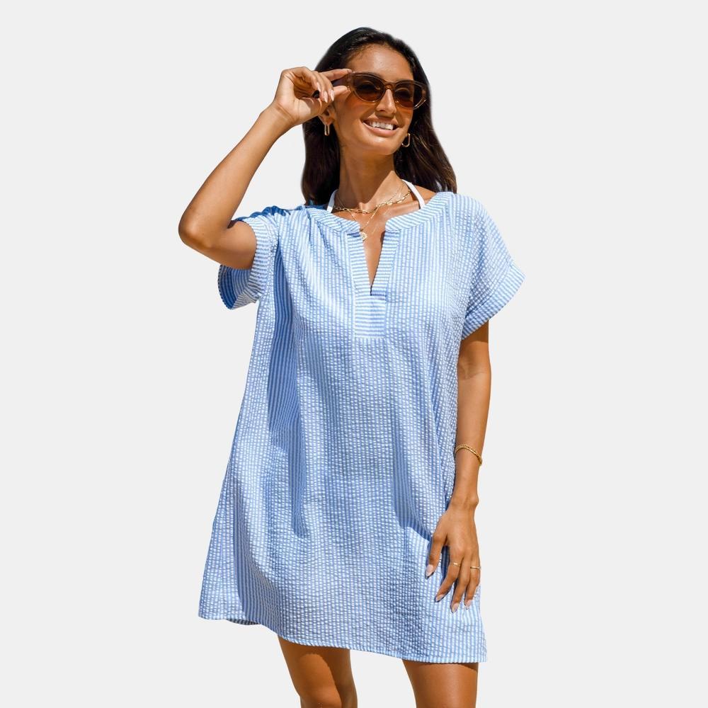 Women's Pinstriped Seersucker Cover-Up Dress - Cupshe-L-Blue Product Image