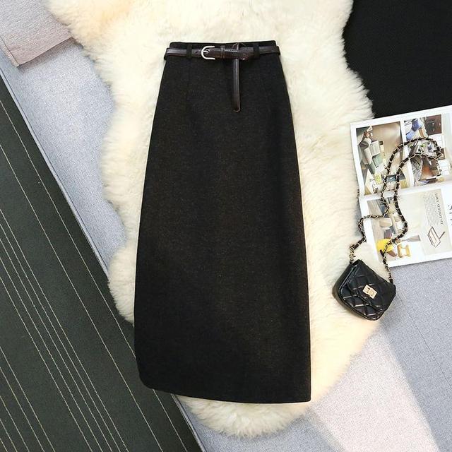 High Waist Plain Midi Straight Skirt Product Image