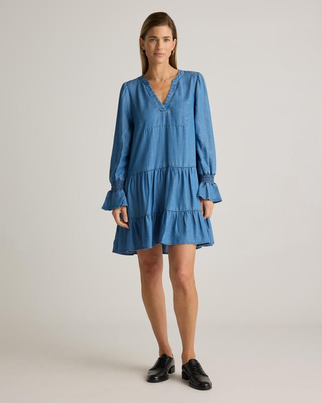 Chambray Tencel Tiered Long Sleeve Mini Dress Product Image