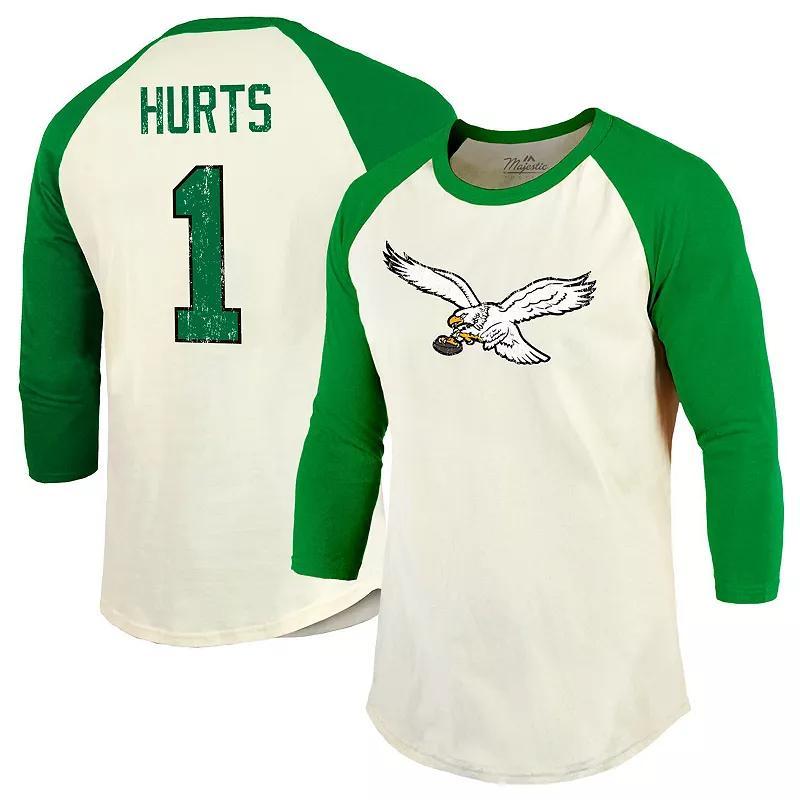 Mens Majestic Threads Jalen Hurts Cream/Kelly Green Philadelphia Eagles Alternate Player Name & Number Raglan 3/4-Sleeve T-Shirt Product Image