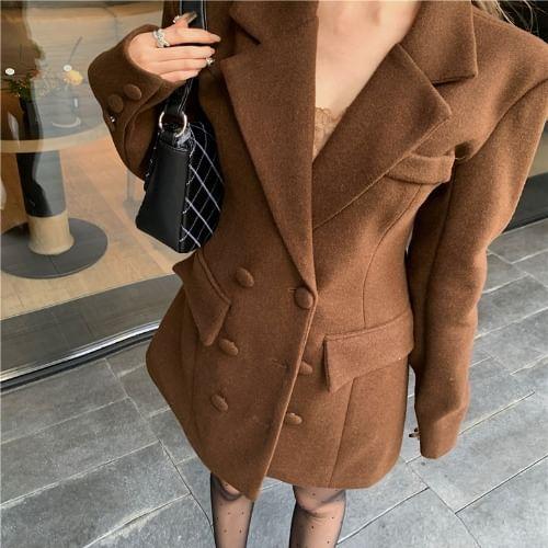 Lapel Collar Plain Double-Breasted Coat Product Image