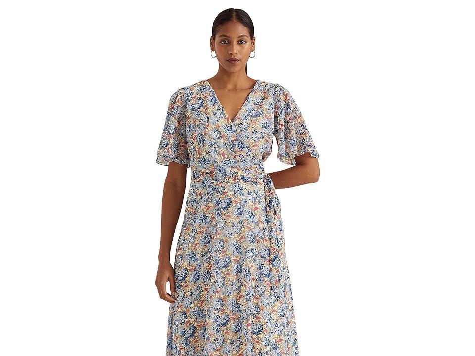 LAUREN Ralph Lauren Floral Belted Georgette Dress (Blue/Pink Multi) Women's Clothing Product Image