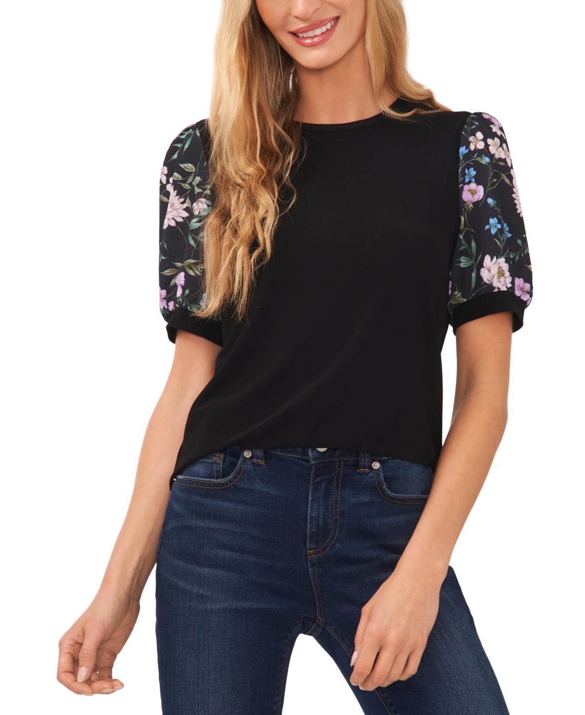 CeCe Womens Floral Mixed Media Short Puff Sleeve Knit Top Product Image