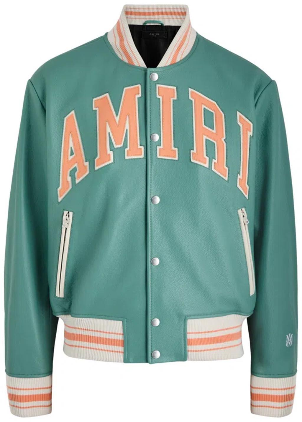 AMIRI Logo Leather Varsity Jacket In Blue Product Image