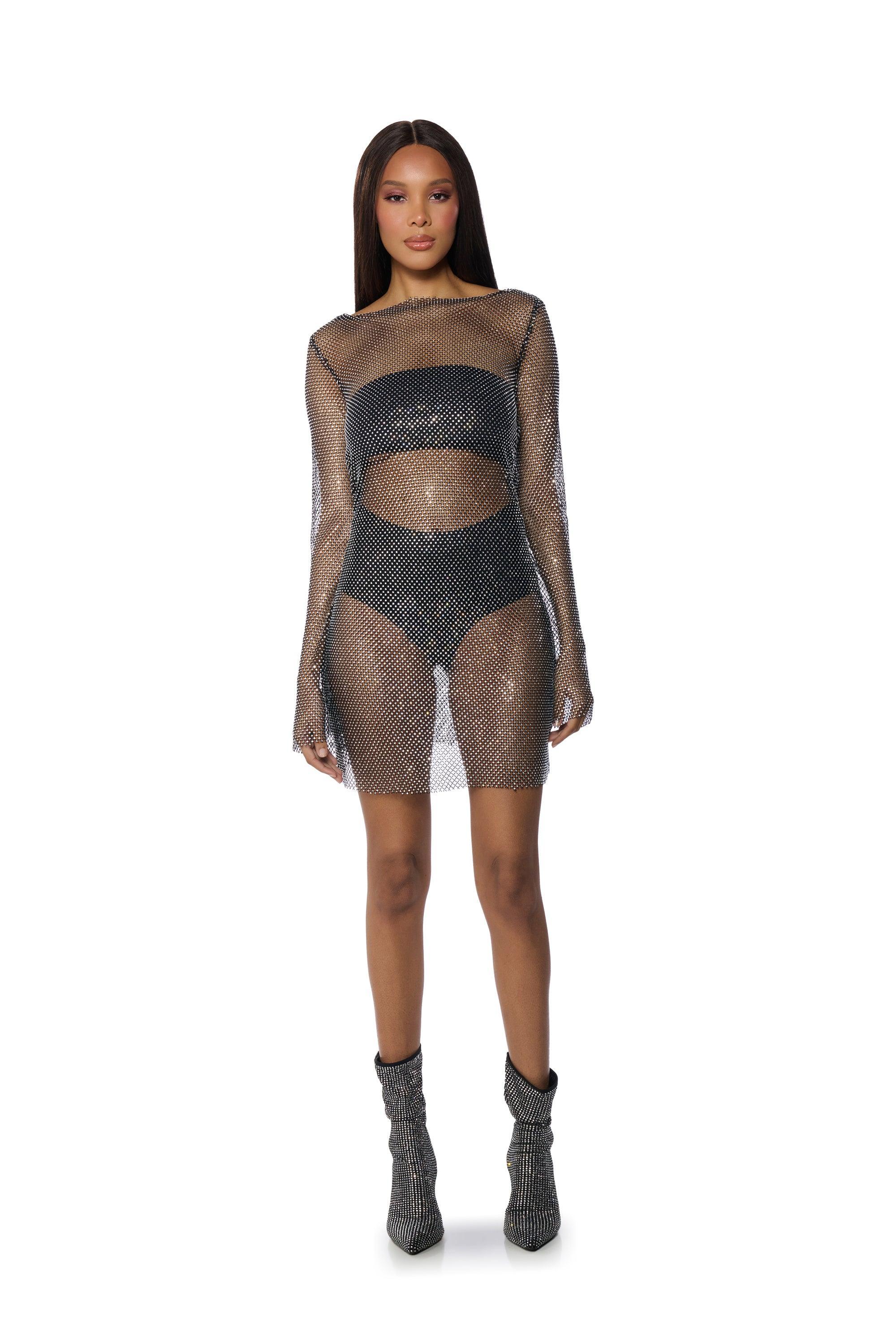 SHE ALL THAT RHINESTONE MESH MINI DRESS IN BLACK Product Image