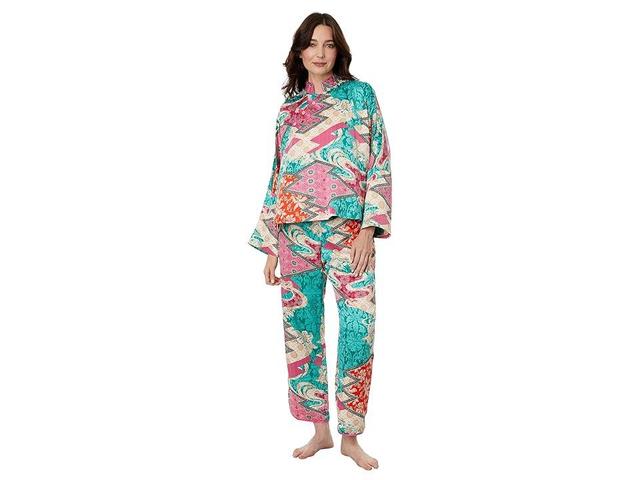 Natori Orient Express Satin PJ Set (Teal Combo) Women's Pajama Sets Product Image