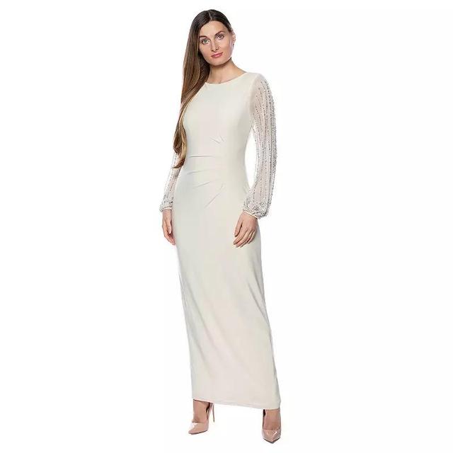 Womens Marina Sheer Beaded Long Sleeve Maxi Dress Beige Product Image