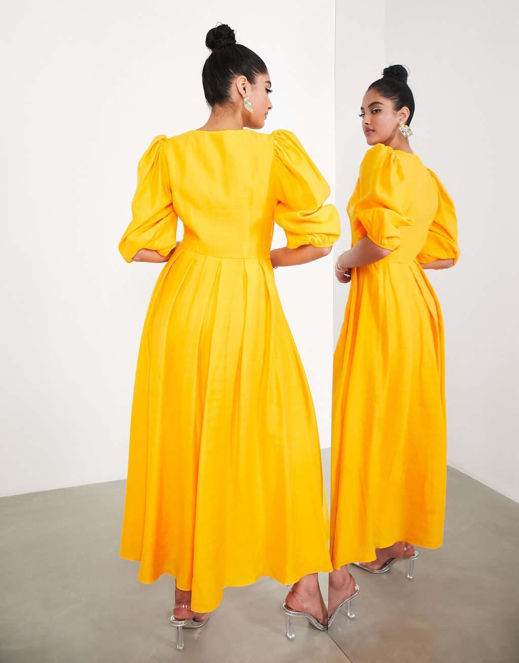 ASOS EDITION button front midi dress with puff sleeve in marigold Product Image