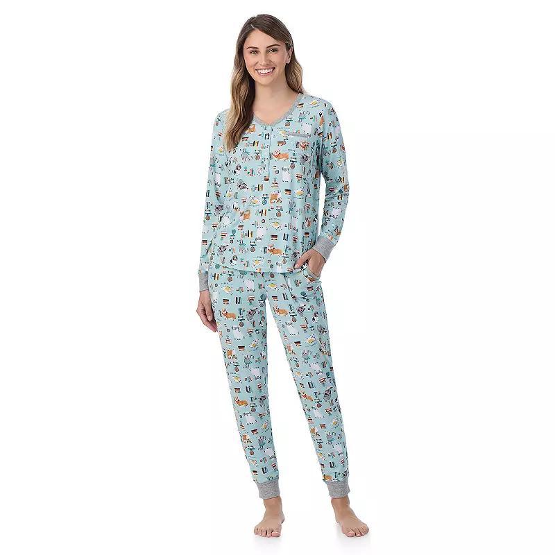 Womens Cuddl Duds Cozy Long Sleeve Henley Pajama Top & Pajama Bottoms Set Green Dogs Product Image