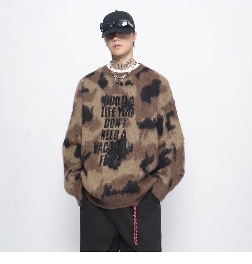 Crew Neck Letter Embroidered Camo Print Sweater Product Image