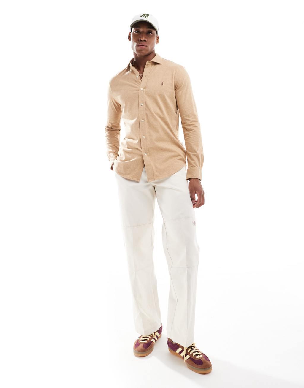 Polo Ralph Lauren icon logo estate collar jersey shirt in heathered camel Product Image