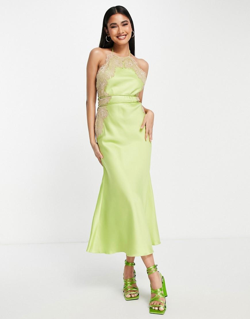 ASOS DESIGN high neck satin lace applique midi dress in green with strappy belt product image