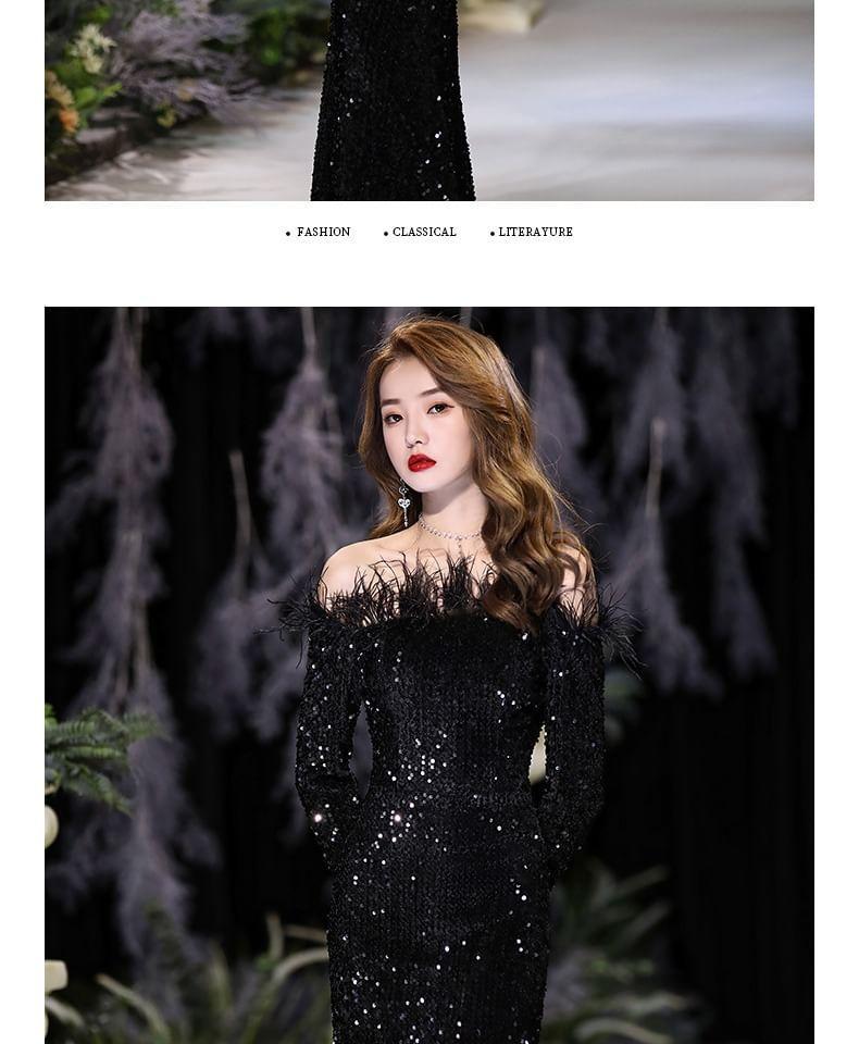 Long-Sleeve Off Shoulder Plain Sequin Feather Trim Sheath Evening Dress Product Image