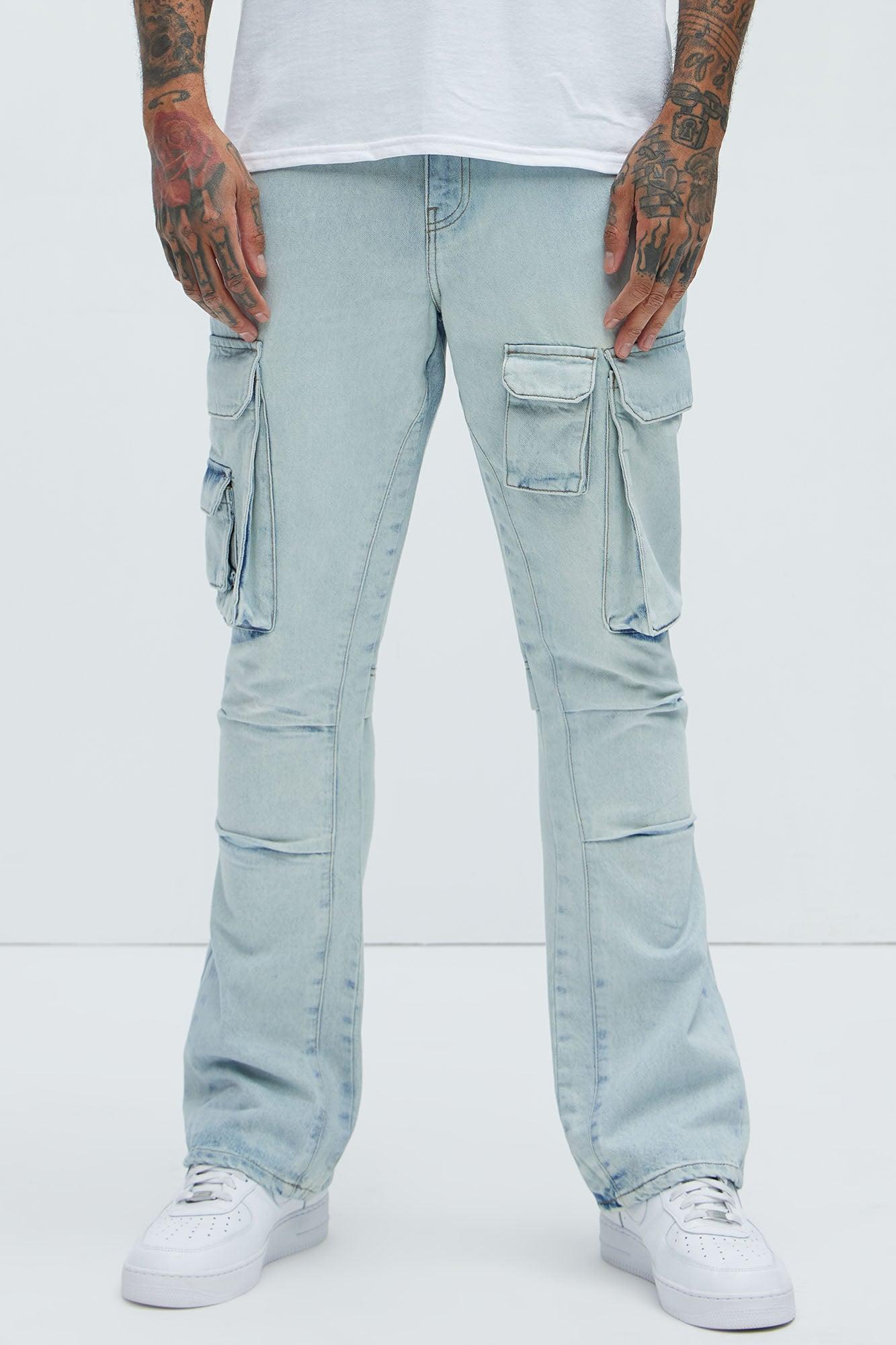 Edris Stacked Slim Flare Cargo Jeans - Light Blue Wash Product Image