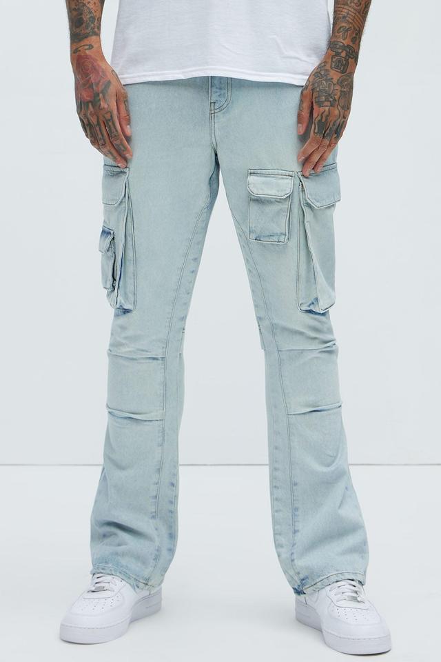 Edris Stacked Slim Flare Cargo Jeans - Light Blue Wash Product Image