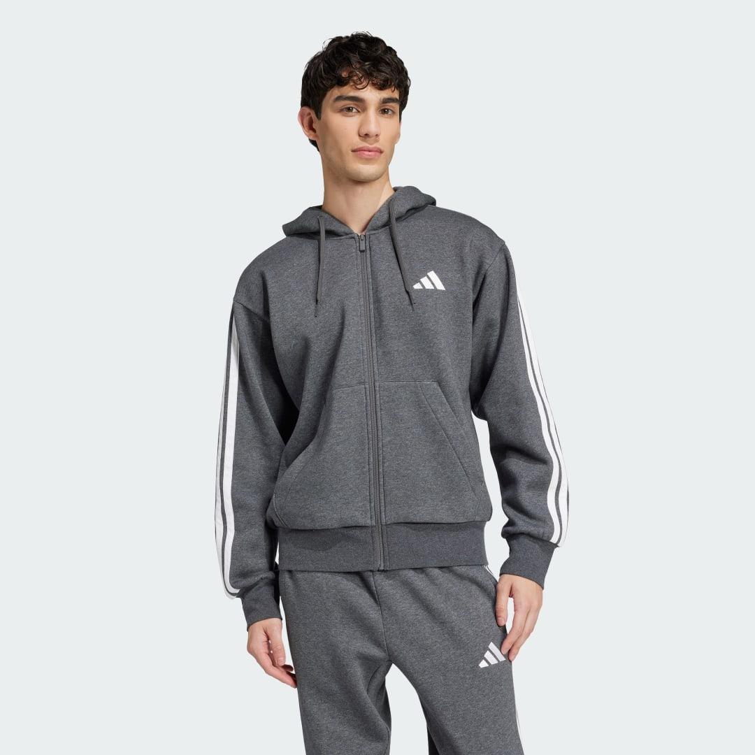 adidas Essentials 3-Stripes Fleece Hoodie Dark Grey Heather L Mens Product Image