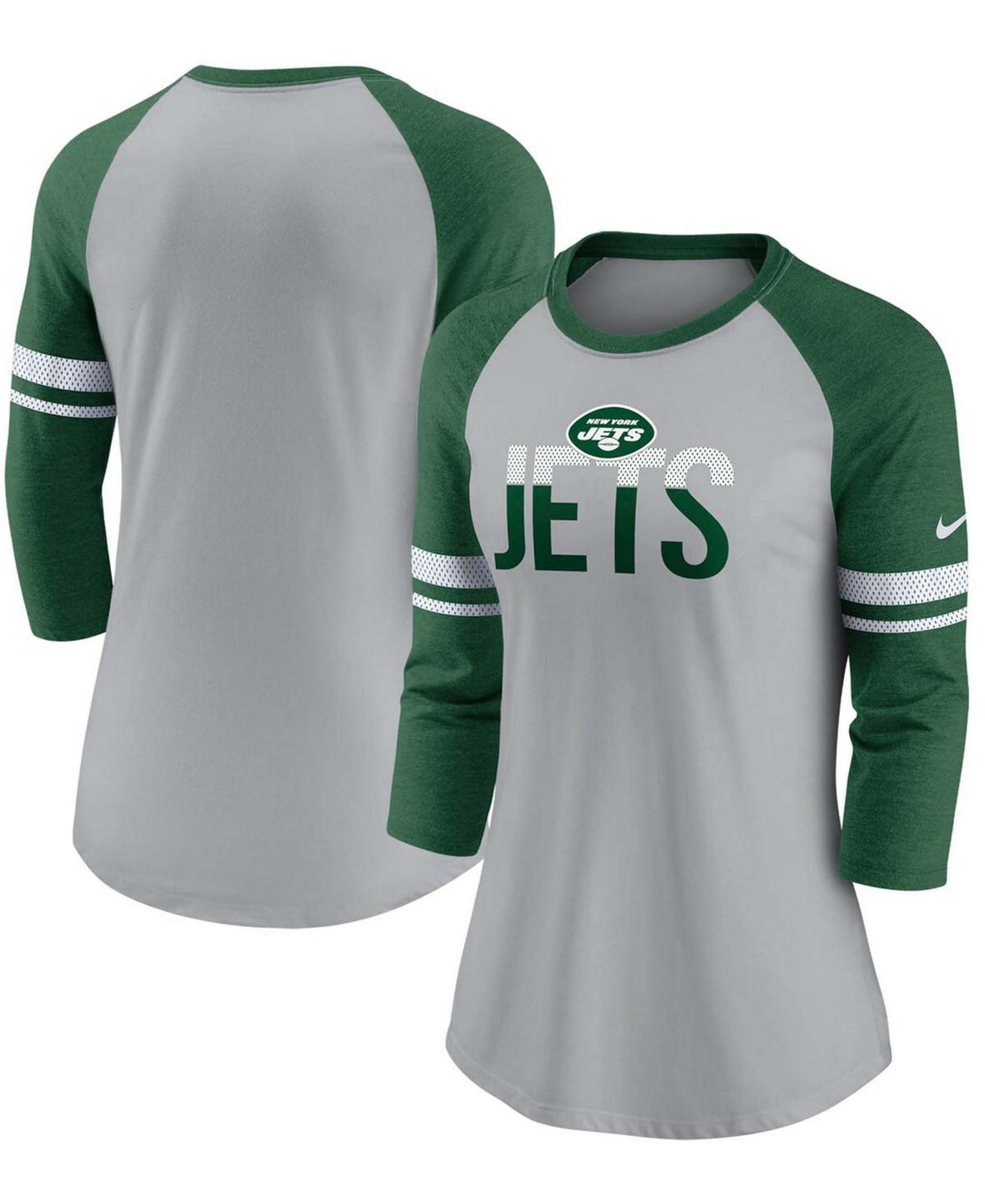 Womens Nike Heathered Gray New York Jets Stripe Mesh Nickname Tri-Blend 3/4-Sleeve T-shirt - Heathered Gray Product Image