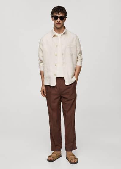 MANGO MAN - 100% linen overshirt with pockets whiteMen Product Image