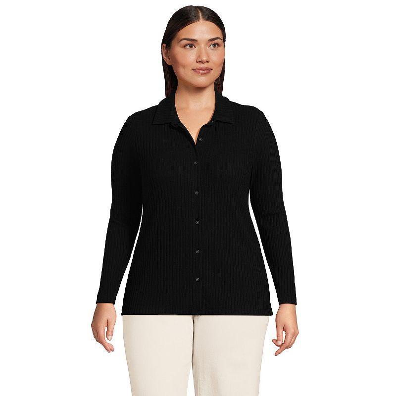 Plus Size Lands End Long Sleeve Wide Rib Button Front Polo Shirt, Womens Dark Blue Product Image