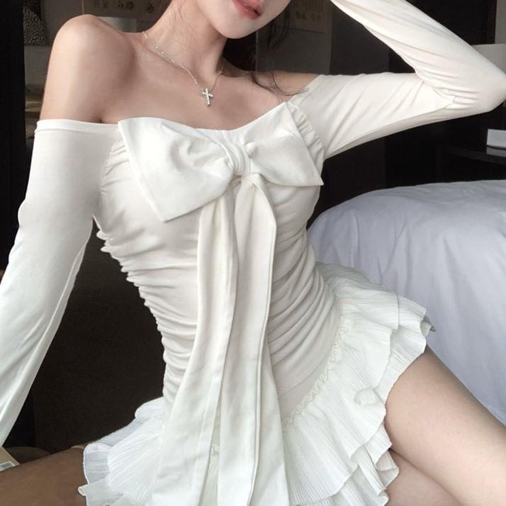 Long Sleeve Off Shoulder Ruffle Trim Bowknot Detail Mini A-Line Dress Product Image