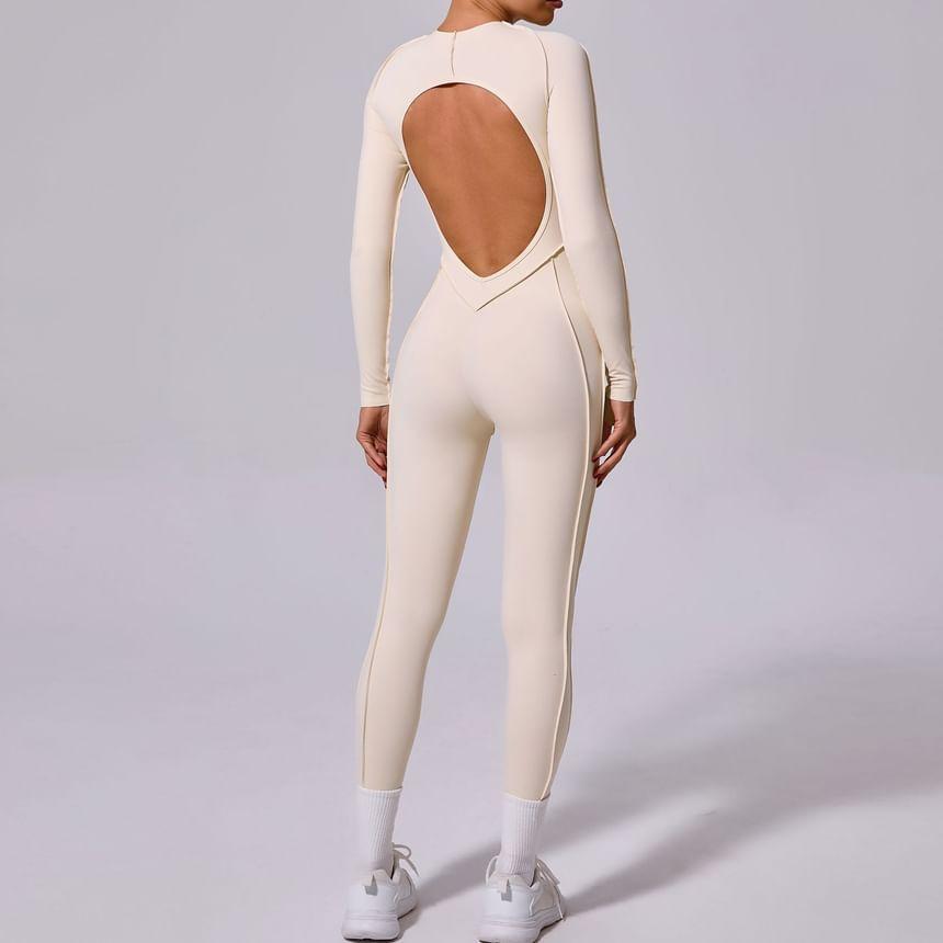 Long-Sleeve Plain Inside Out Seam Sports Jumpsuit Product Image