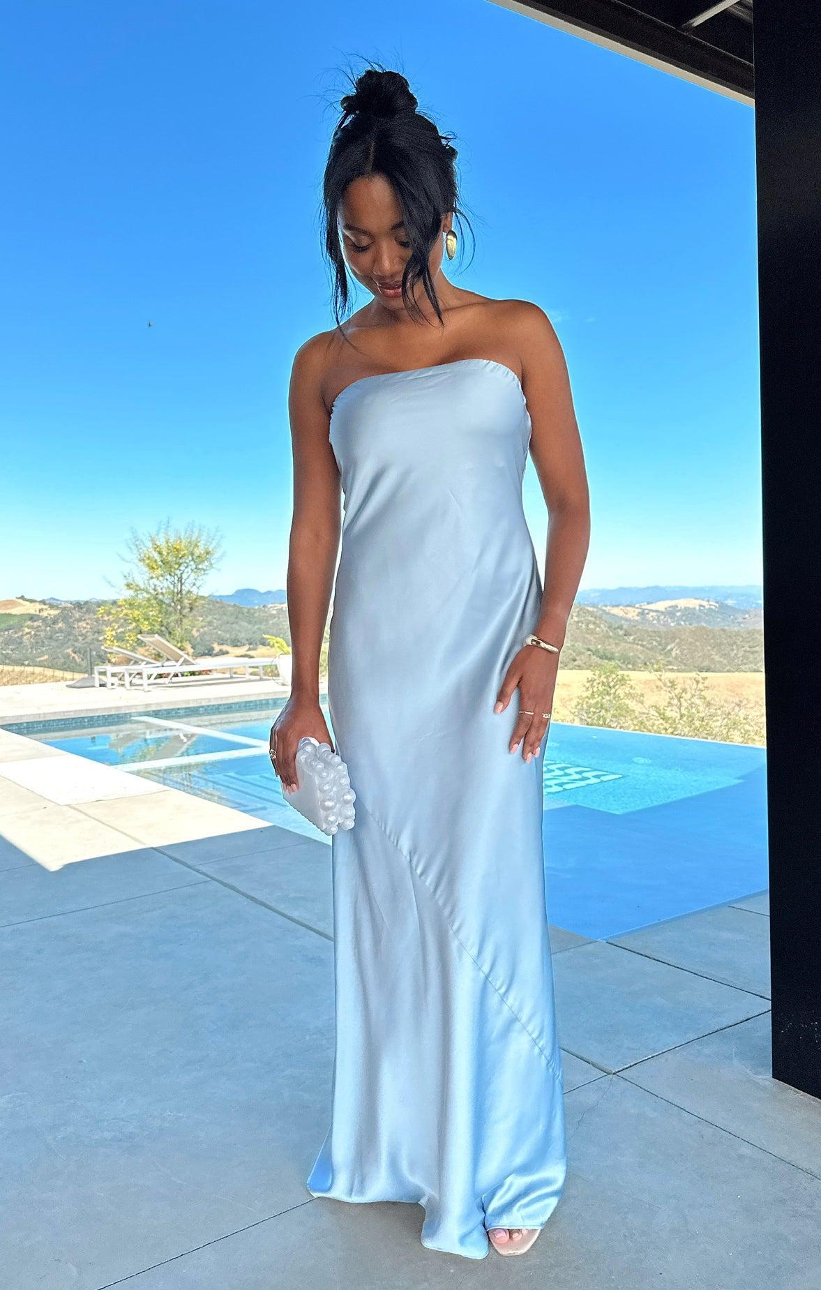 Taylor Tube Maxi Dress ~ Steel Blue Luxe Satin Product Image