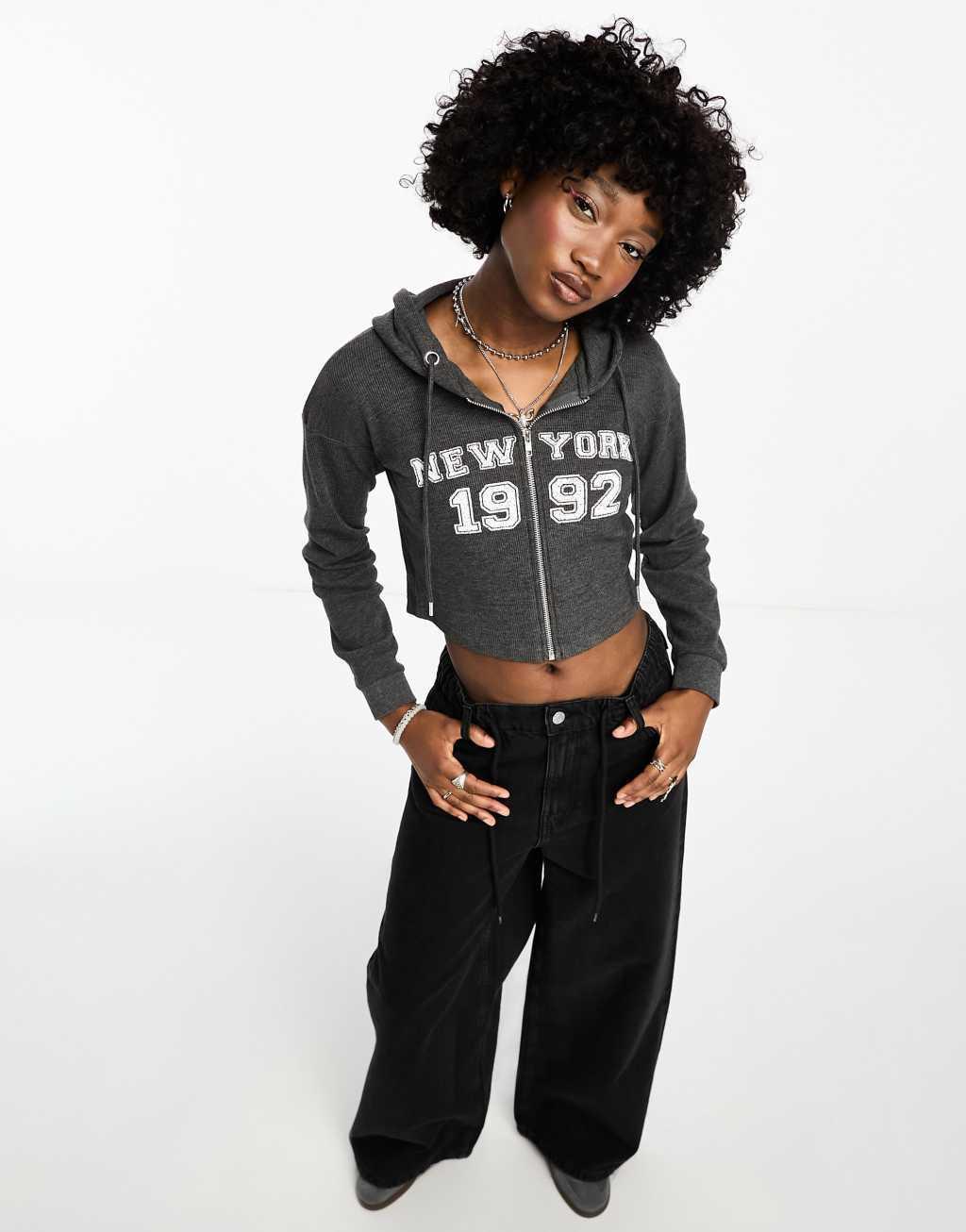 Daisy Street crop zip front hoodie 1992 graphic-Gray Product Image