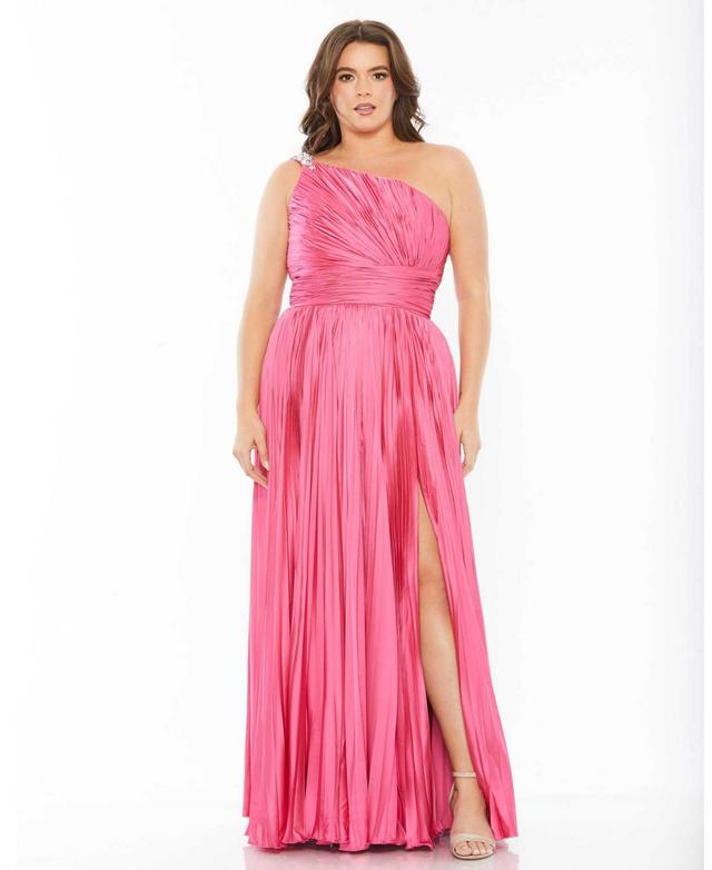 Mac Duggal Womens Plus Size One Shoulder Embellished Pleated Sleeveless Gown Product Image