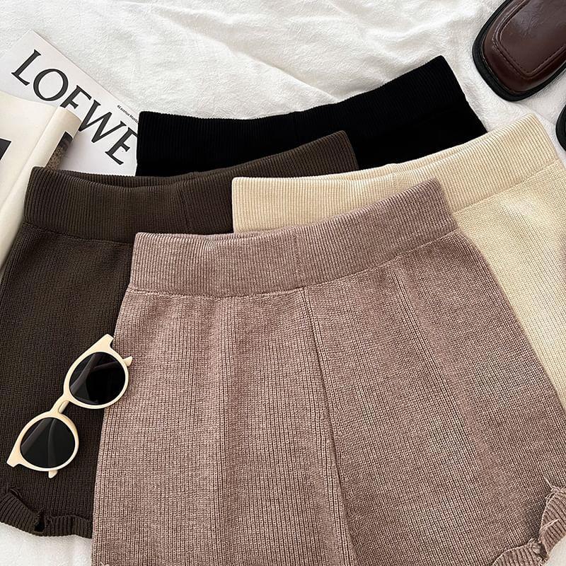 High Waist Plain Distressed Ribbed Knit Shorts Product Image