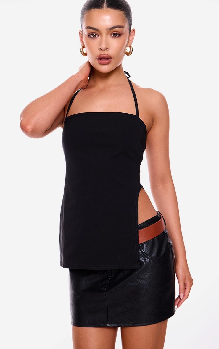 Black Stretch Woven Split Asymmetric Hem Long Top Product Image