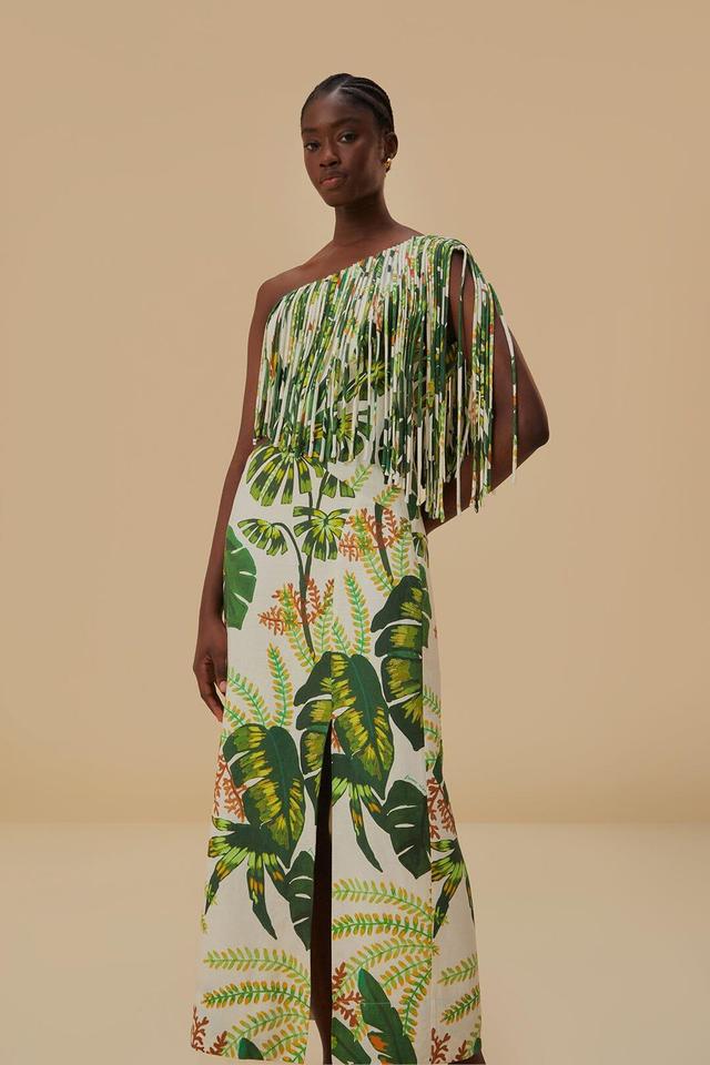 Tropical Forest Off-White Fringed Midi Dress, TROPICAL FOREST OFF-WHITE / S Product Image