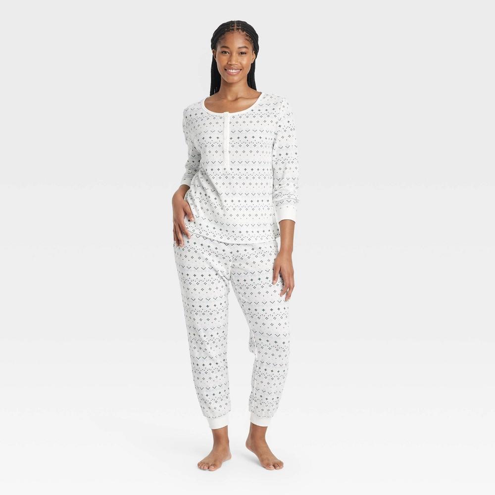 Women's Thermal Long Sleeve Henley Top and Jogger Pants Pajama Set - Auden™ Cream M Product Image