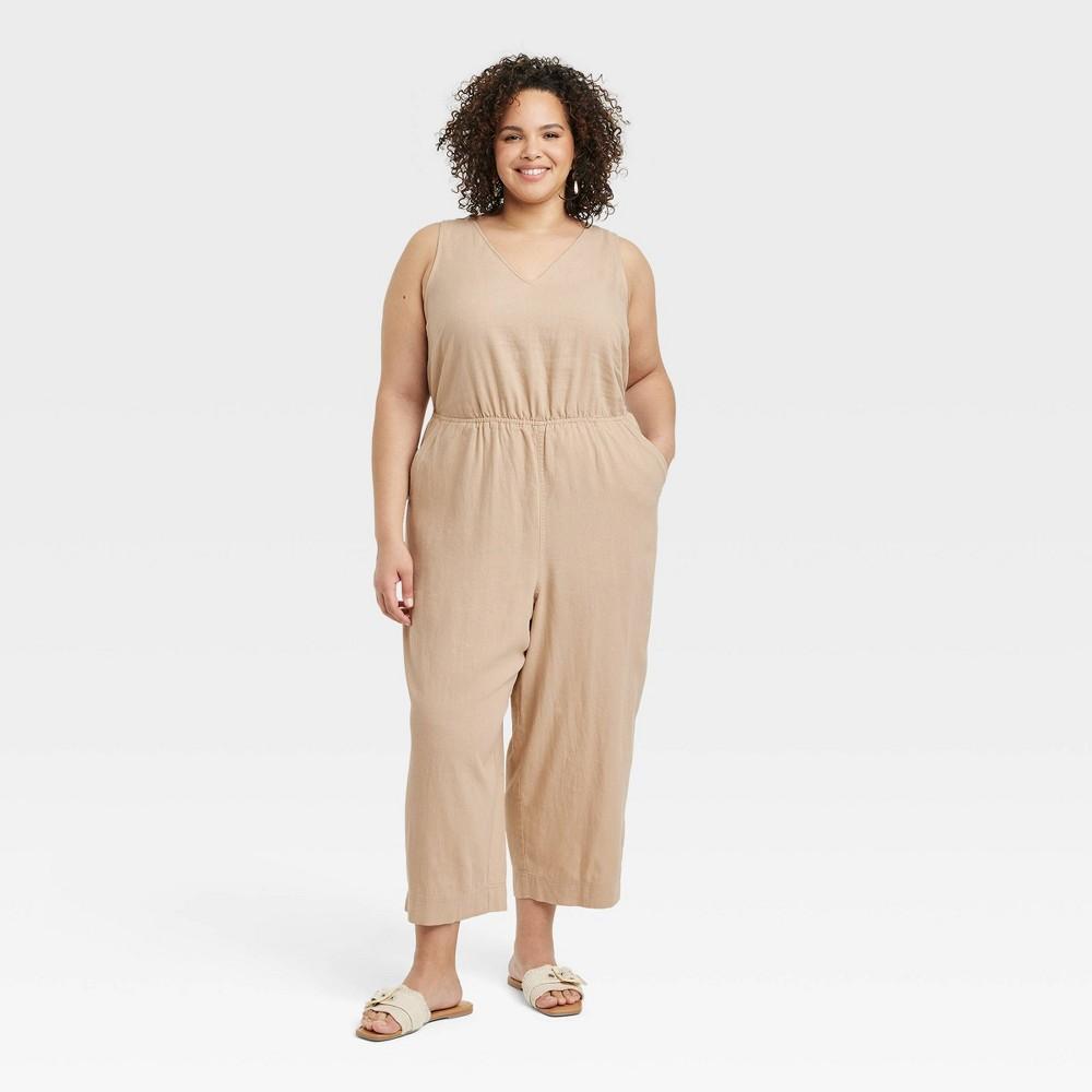 Womens Linen V-Neck Jumpsuit - Universal Thread Tan 4X Product Image