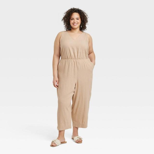 Womens Linen V-Neck Jumpsuit - Universal Thread Tan 3X Product Image