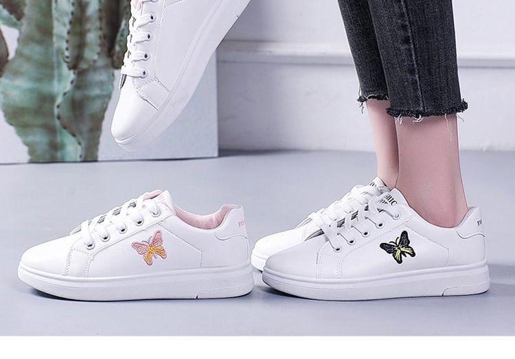 Butterfly Embroidered Lace-Up Faux Leather Sneakers Product Image