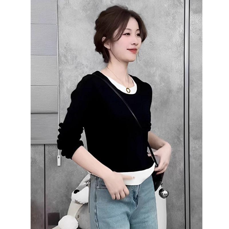 Mock Two-Piece Long-Sleeve Round Neck Two Tone T-Shirt Product Image