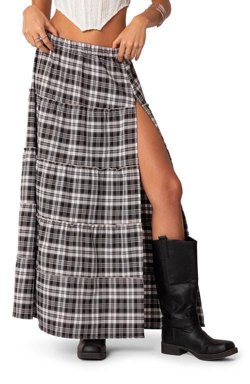 EDIKTED Plaid Tiered Slit Maxi Skirt Product Image