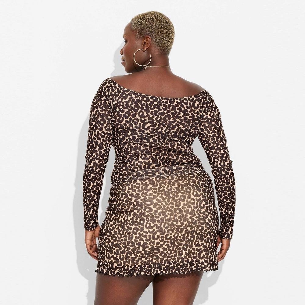 Women's Long Sleeve Off the Shoulder Knit Top - Wild Fable™ Brown Leopard Print 3X Product Image