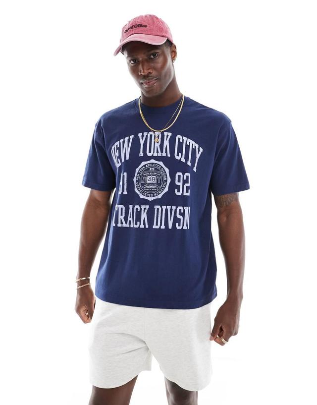 Cotton On loose fit college T-shirt with NY track graphic in indigo Product Image